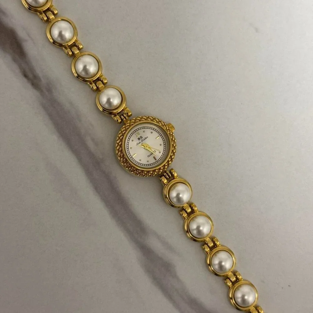 SKU0001 Retro Mini gold silver watch‎ bracelet white pearls Gemstones + gift box